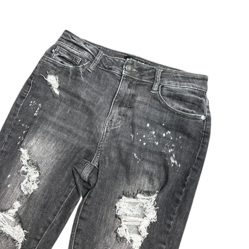 Judy Blue Boyfriend Fit Black Gray Distressed Jeans Stretch Mid Rise Denim 7/28 - Picture 3 of 8